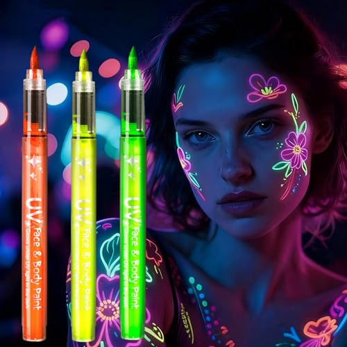 UV Neon Face Paint Pens - Fine Detail Markers & Water Based Fluorescent Ink for Night Party Makeup, Face and Body Art, Bright Glow Under UV Light, Quick Drying Smudge Resistant and Easy to Wash