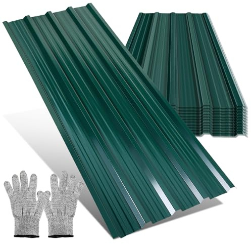 Peviasot Set di 12 lastre per tetto in lamiera profilata 129×46 cm, in lamiera trapezoidale verde in acciaio zincato 0,25 mm per tetto, per casetta da giardino, carport, capanno, incluso guanto