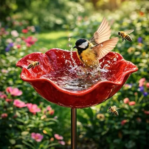 Piquet de jardin en métal - Station d'alimentation pour oiseaux - Fabriquée à la main - En forme de fleur - Résistant à l'hiver - Abreuvoir à insectes - Figurines de jardin et statues de jardin