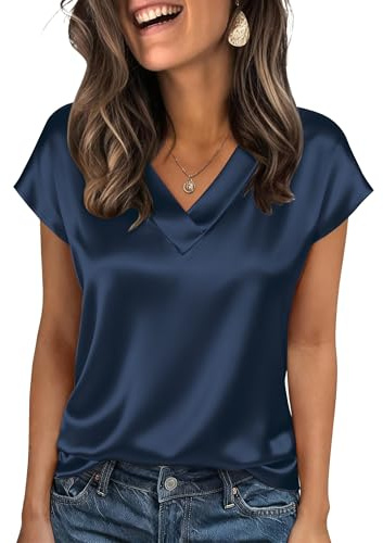 Zeagoo satinblus, damer, v-ringning, ärmar, silkestoppar, eleganta kortärmade affärsskjortor, sommar, siden, t-shirt, blus, S–XXL