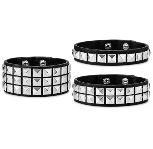 3 Black Punk Studded Cuff Bracelets - PU Leather With Steel Spikes