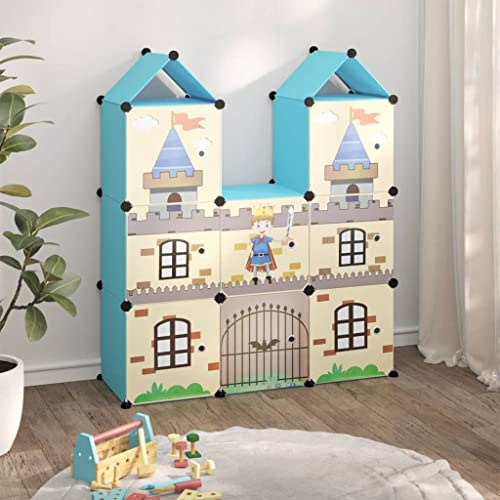 YunCangg Barnskåp, modulär med 8 kuber, blå, PP-plast, 109,5 x 36,5 x 127 cm, stabil stålram, hylla för barnrum, utrymmesbesparande, med tecknade mönster och gott om lagringsutrymme