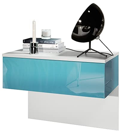 Vladon Nachttisch Sleep, Made in Germany, Nachttischschrank mit Schublade zur Wandmontage, Weiß matt/Petrol Hochglanz (60 x 46 x 35 cm)