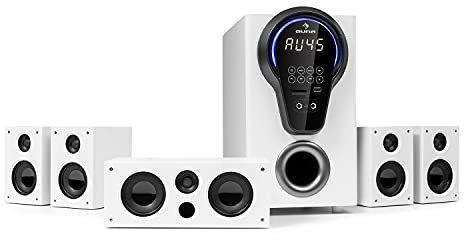 auna Areal 525 DG 5.1-Channel Surround System, Home Cinema System, Power: 125 Watts RMS, 5.25â€ Subwoofer, 4 x Satellites, 1 x Centre, Bluetooth Function, USB/SD Port, AUX Input, White