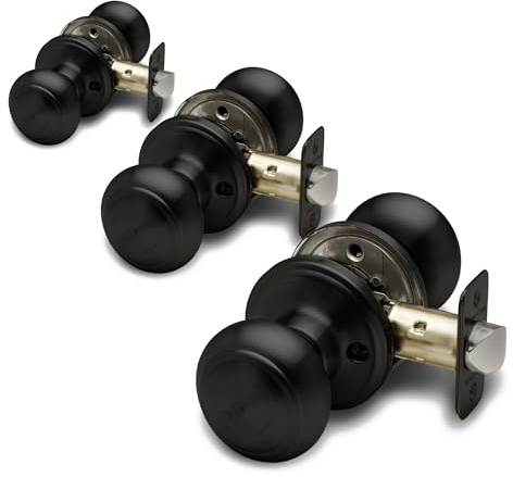 Copper Creek Colonial Passage Interior Door Knob – ANSI Grade-3 Certified, Modern Heavy Duty Handle, Easy Install and Reversible for Bedroom, Bathroom and Closets – Matte Black (3 Pack)