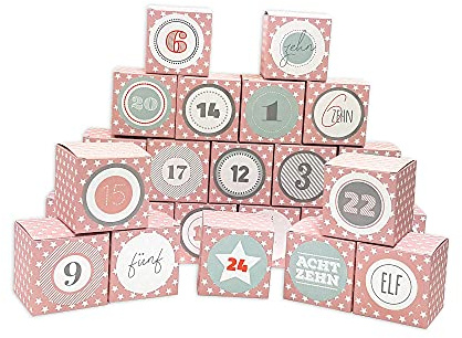Frau WUNDERVoll® DIY Adventskalender Vorfreude zum Befüllen, 24 Faltschachteln rosa weiße Sterne 7x7x7cm (gefaltet), XL Ziffern pastell/Weihnachten, Aufkleber, Würfelbox, Faltverpackung, Schachteln