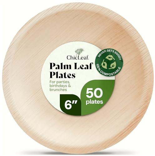 Chic Leaf 6-Inch Palm Leaf Plates, 50-Pack -Fully Compostable Disposable Appetizer and Dessert Plates, Heavy Duty Bamboo-Style Dinnerware for Weddings Parties Charcuterie and Tastings, Microwave Safe