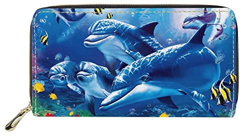 HELLHERO Damen Herren Geldbörsen Leder Geldbörse für Reisen Täglich, Delfin, M, Casual