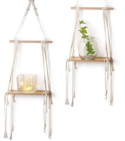 CIOUYAOS Wandregal Weiß Holzregal, Schweberega Hängendl Regal Zum Aufhängen Wand Wanddekoration, Boho Dekorative Kleines Seil Hängeregal für Wohnzimmer Schlafzimmer Kinderzimmer Haus Küche (viereckig)