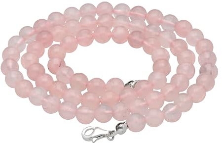 Lebensquelle Plus Chaîne à boules en quartz rose | Boules de 6 mm de diamètre avec fermoir mousqueton en argent 925 | Collier en pierre précieuse de 45 cm de long, Acier inoxydable, Quartz