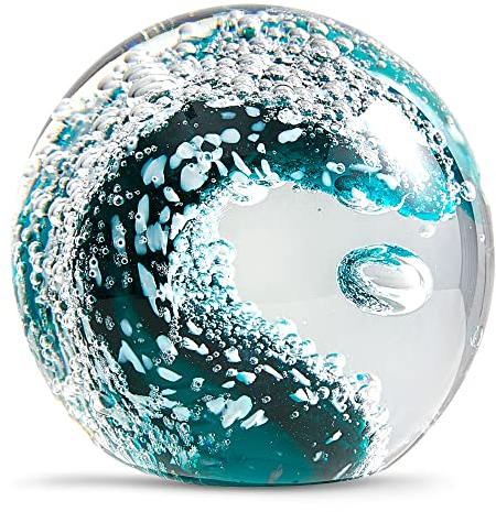 EUSTUMA Handgeblasene Glasfiguren, Kugel, Ozeanwellen, Briefbeschwerer, Glaskugel, Heimdekoration, Sammlerstück, Aquarium-Dekoration, Bürodekoration, Ozeanliebhaber