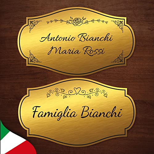 Targa nome per portone ingresso, in laminato plastico oro e argento spazzolato, incisa a laser, personalizzabile con nome e cornici. (ORO - FORMA 2 -)