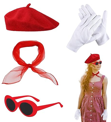 TSHAOUN 4TLG Rockabilly Accessoires 50er Jahre Damen Kleid Zubehör 1950s Kostüm Set, Rote Baskenmütze, Schal, Sonnenbrille, Handschuhe, 60er Jahre Kleidung für Motoparty Retro Teily Party