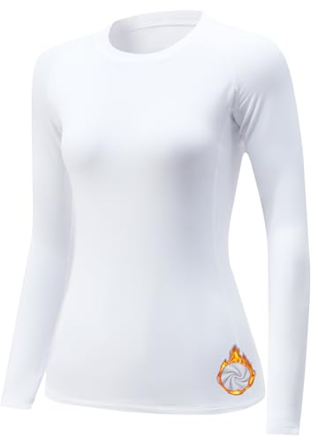 TERODACO Thermal Tops Womens Long Sleeve UPF50+ Ski Base Layer Women Soft Quick Dry Thermals Stretchy Micro Fleece Ladies Gym Running Sports Tops 22534 White L