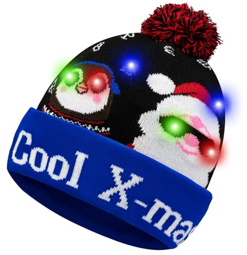 CHAWONER LED Light Up Christmas Hat,Flashing Beanie Knitted Xmas Cap, Novelty Santa Reindeer Glow Hat for Kids & Adults Ugly Sweater Christmas Party Favors