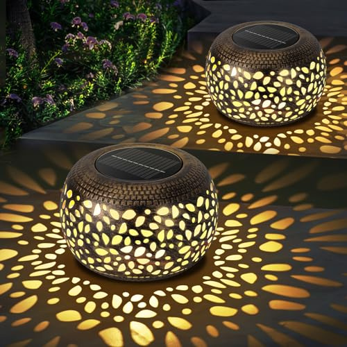 Solar Lanterns Waterproof Outdoor Decor: 2 Pack Hollow Out Retro Metal Solar Lights - Unique Gardening Gifts for Women Mom - Outside Garden Yard Patio Porch Tabletop Decorations 2 Lighting Colors