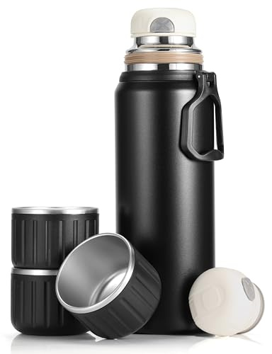 MUCR 750ml/27 OZ Coffee Thermo with 3 cups, Insulated Water Bottle, Stainless Steel Vacuum Flask Set for Hot and Cold Drinks, Gifts Box