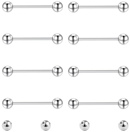 Gojewen 8pcs Tongue Nipple Bars and 4pcs Replacement Balls 14G Stainless Steel Metal Straight Barbell Piercing Jewellery Silver 16mm