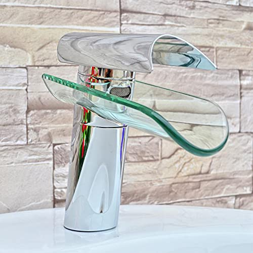 Robinet cascade en verre, mitigeur de lavabo de salle de bain, mitigeur monocommande, cuisine et salle de bain Robinet d'évier à poignée unique chromé