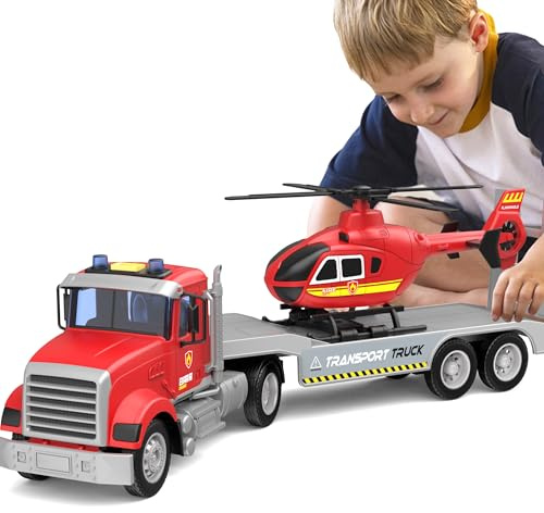 DOWELLIN 22 Semi Fire Truck Toy with Helicopter for Kids Toddlers - Fire Police Car Toys, Birthday for Boy Girl Child 3 4 5 6 7 Years Old