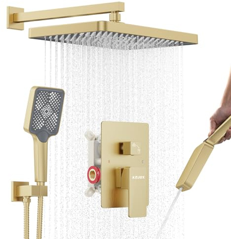 Shower System 13-Inch Rainfall Shower Head - 3 Setting Handheld Sprayer, Complete Bathroom Set with Faucet Mixer Trim Kit & Valve Brushed Gold