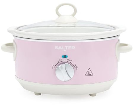 Salter Retro Pink 3.5L Slow Cooker – Electric Ceramic Cooking Pot, 3 Heat Settings & Keep Warm, Dishwasher Safe, Tempered Glass Lid, Cool Touch Handles, Stews, Casserole, Curries, Vintage Design, 200W