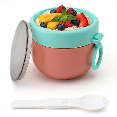 TNSLAND Porta Yogurt Termico Porta Yogurt Refrigerato Porta Cereali Contenitore Yogurt Muesli Cup Porta Pranzo con Cucchiaio Pieghevole Tazze per La Colazione 600ml Rosso Nordico