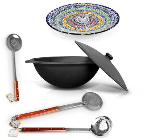 Set – Uzbeko Hierro fundido Kazan 22 L base redonda, tapa de aluminio fundido, espumadera de 64 cm, cucharón de 48 cm, espumadera de 48 cm, Lagan 42 cm, olla uzbeca Plov WOK Ljagan Asia (Set – 634)