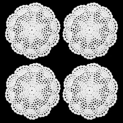 Apausvcm 4 Stück Spitze Platzdeckchen,19cm Rund Deckchen Häkeln,Kleine Handgehäkelte Deckchen,Weiß Handgefertigte Spitze Untersetzer,Weiße Vintage-Häkeldeckchen,für Küche Esszimmer Party Hochzeit
