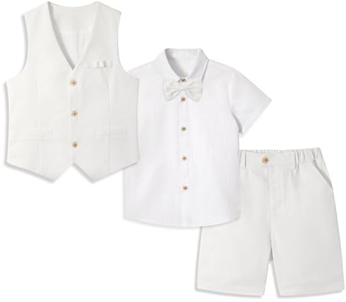 LOLANTA 4PCS Page Boy Outfit, Boys Wedding Suit, Kids Gentleman Waistcoat Shorts Suit Set, Linen Summer Waistcoat Set, Christening Ceremony Prom Birthday Partywear, White, 5-6 Years, 120