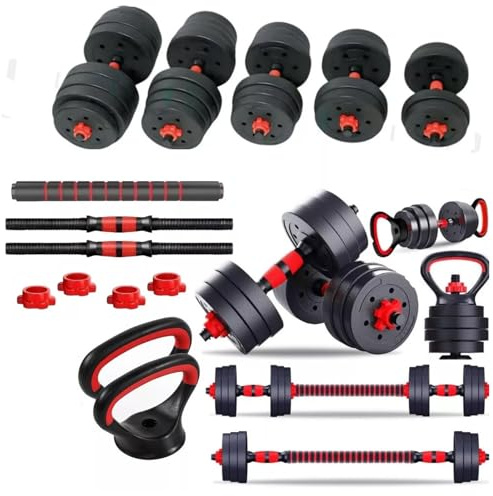 6 in 1 Dumbbell Adjustable Weight Lifting Barbell Bar Kettlebell Weights Set | Bodybuilding Barbell Bench Press Exercise Fitness Training Home Gym Workout Dumbbells Set (20, Kilograms)