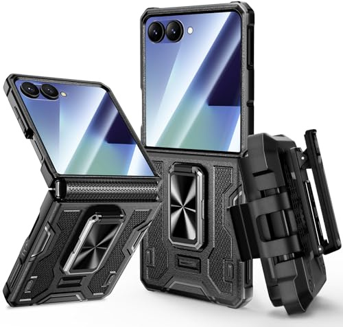 VEGO for Galaxy Z Flip 7 Case, 360° Rotatable Ring Kickstand & Belt Clip Holster & Tempered Glass Camera Screen Protector & Hinge Protection, Shockproof Case for Samsung Flip 7 5G - Black