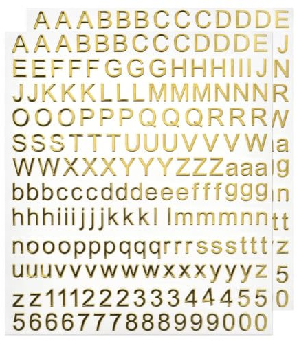 YAPKOLV 2 Hojas Pegatinas de Letras Adhesivas 3D Mini A-Z/a-z/0-9 Alfabeto Metálico con Brillo para Resina, Uñas, Scrapbooking (3mm) (Dorado)