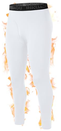 RIKUAOU Men's Thermal Underwear Bottoms, Fleece Lined Long Johns Pants with Fly, Athletic Base Layer Leggings Cold Weather White