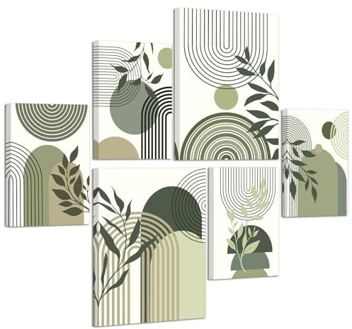 6 Pcs Boho Verde Salvia Geométrico Líneas Marco de madera Cuadros Decoracion Salon Set, Nórdico Minimalista Plantas Cuadros Pintura Lienzos Decorativos Abstracto Dormitorio Oficina Murales Decoración