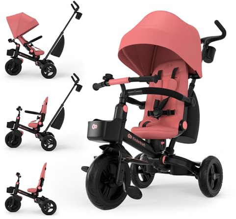 Kinderkraft Aveo 2 Pro Bebé, Plegable, Trike, Bicicleta para Niños, Triciclo Evolutivo, Bicicleta Bebe, con Accesorios Práctico, Dos Cestas, 9 Meses a 25 kg, Rosa