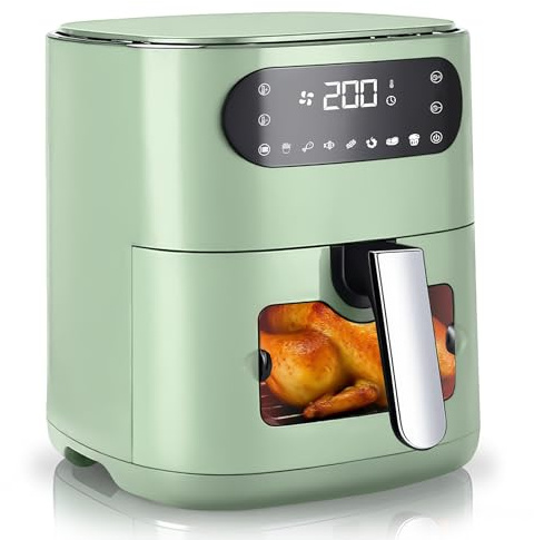 Citybee Airfryer Heißluftfritteuse 6L Sichtfenster - 7 Garprogramme 11 Funktionen Leise Heissluftfritteuse - Leicht Zu Reinigen mit Timer & Touchscreen 10 x Backpapier für Familienküche (Grün)