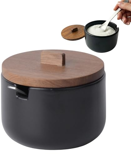 KOOK TIME Zuccheriera in Ceramica con Cucchiaino CURVE - Barattolo Piccolo con Coperchio in Legno di Acacia. Contenitore per Zucchero, Sale, Spezie o Formaggio. 10.5 x 9 cm.- Nero opaco