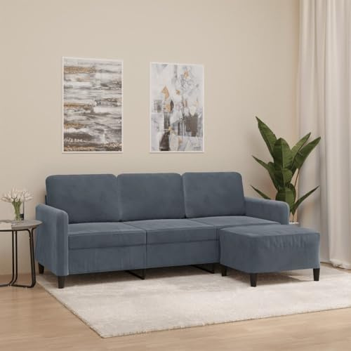 Tonture Mörkgrå 3-sitsig sammetsoffa med pall, 180 cm sittbredd, robust metallram, bekväm stoppning för vardagsrum