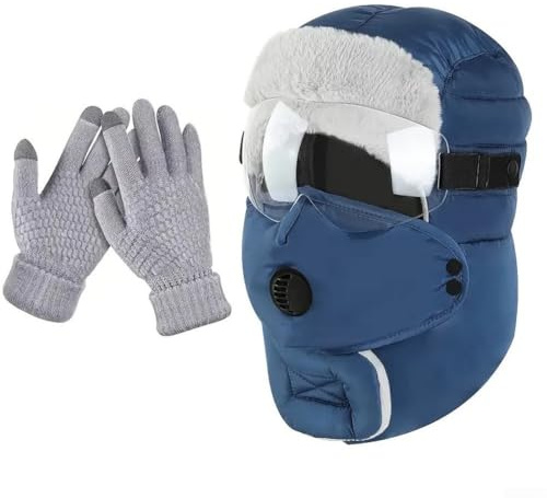 Vasiumic Gorro térmico con orejeras y guantes para clima frío, resistente al viento, cara y cubierta para el cuello, gorro de invierno aislado con guantes para montar al aire libre, esquí y ciclismo