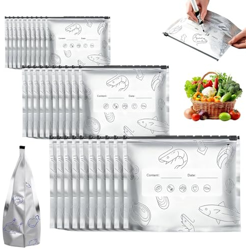 30 Bolsas Congelacion Reutilizables con Cierre Hermético y Cierre de Papel de Aluminio Aluminum Foil Storage Bags Adecuadas para Almacenar Mariscos, Carnes, Verduras y Frutas