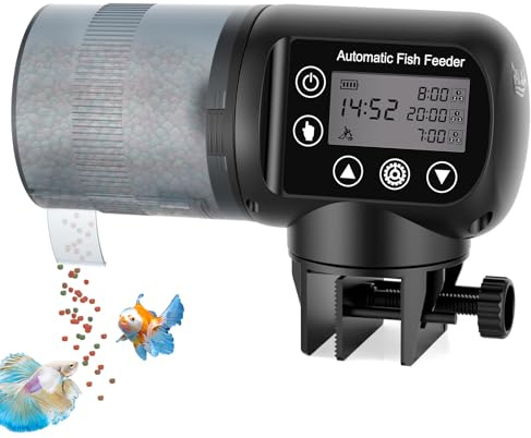 AQQA Automatic Fish Feeder for Aquarium,200ML Large Capacity Moisture-Proof Auto Fish Food Dispenser with LCD Display, Battery Powered Feeder,Battery Powered Feeder for Weekend Holiday