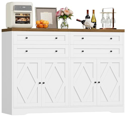HOCSOK 132.7 cm Credenza Cucina, Mobile Cucina con 4 Cassetti e 4 Armadi, Buffet Mobile Moderno, Credenza Soggiorno, Mobile per Cucina Ingresso Foyer, Sala da Pranzo, Bianco +Marrone