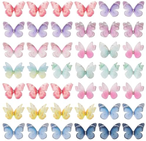 FILOEEX 40 Stück Schmetterlinge Deko aus Organza Stoff, 3D Schmetterling Applikationen mit Strass, Bunte Wandsticker für Wanddeko, Kleidung, DIY Basteln (10 Farben)