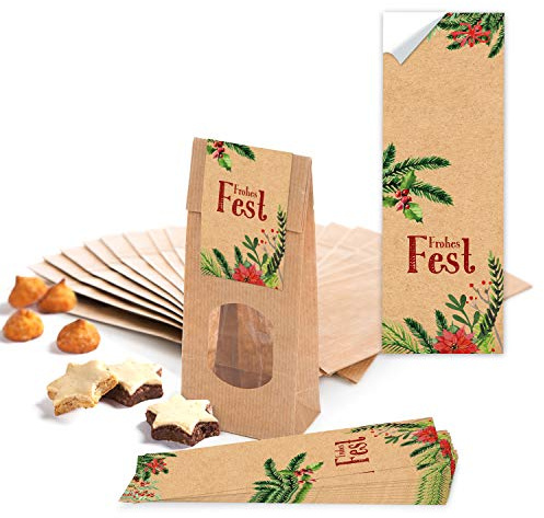 100 små bruna natur FRÖN FEST papperspåsar kraftpapper med golv fönster pergamin 7 x 4 x 20,5 cm + 100 jul dekal mistel garngrenar röd grön beige presentförpackning påfyllning