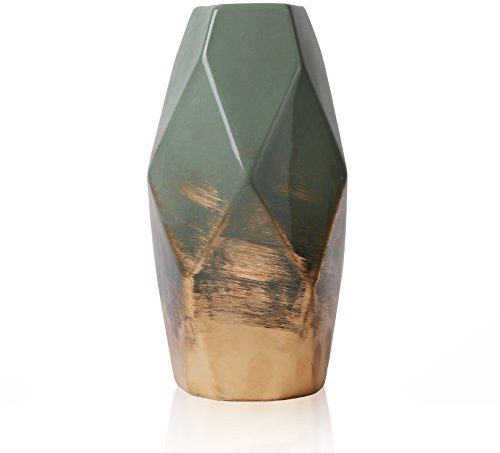 TERESA'S COLLECTIONS Diamond-shaped Vase for Flowers, Modern Green Gold Ceramic Vase, Gifts for Women, Pottery Geometric Vases for Living Room, Home Decor, Mantlepiece, Table, 20cm Tall