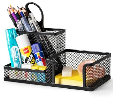 deli Schreibtisch Organizer aus Drahtmetall, Multifunktionale Organisation mit Stifthalter und Aufbewahrungskörben, für Zuhause und Büro, 3 Fächer, Schwarz
