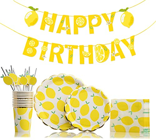 YiiiGoood Lemon Party Dekoration Gelbe Geburtstag Girlande, 10 Pappteller, 10 Pappbecher, 25 Serviette, 10 Zitrone Strohhalme Kindergeburtstag Partygeschirr Deko Gelb
