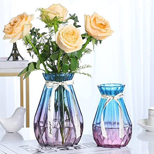 TSKDKIT Coloured Glass Vase Decoration Flowers Glass Bottle Thicken Vase with Ribbon Gradient Color Glass Vase for Gift Wedding Living Room Modern Decor(18 x 8cm)