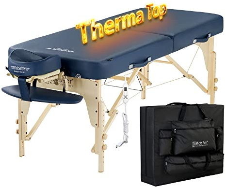 Master Massage Phoenix Mobile - Lettino da massaggio pieghevole ThermaTop, con sistema di riscaldamento integrato, per massaggi, per cosmetici, in legno e blu royal